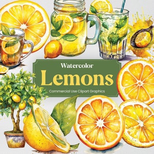 Watercolor Lemon, 37 Lemons Fruit Clipart, Plant and Tree Digital Prints, PNG format with Transparent Background for Commercial Use