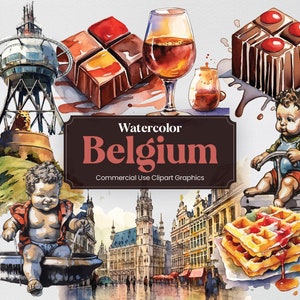 Acquerello Belgio, 33 punti di riferimento del Belgio, stampa digitale per le vacanze, formato PNG Clipart sfondo trasparente per uso commerciale