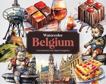 Watercolor Belgium, 33 Belgium Landmarks, Vacation Holiday Digital Print, Clipart PNG format Transparent Background Commercial Use