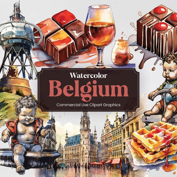 Watercolor Belgium, 33 Belgium Landmarks, Vacation Holiday Digital Print, Clipart PNG format Transparent Background Commercial Use