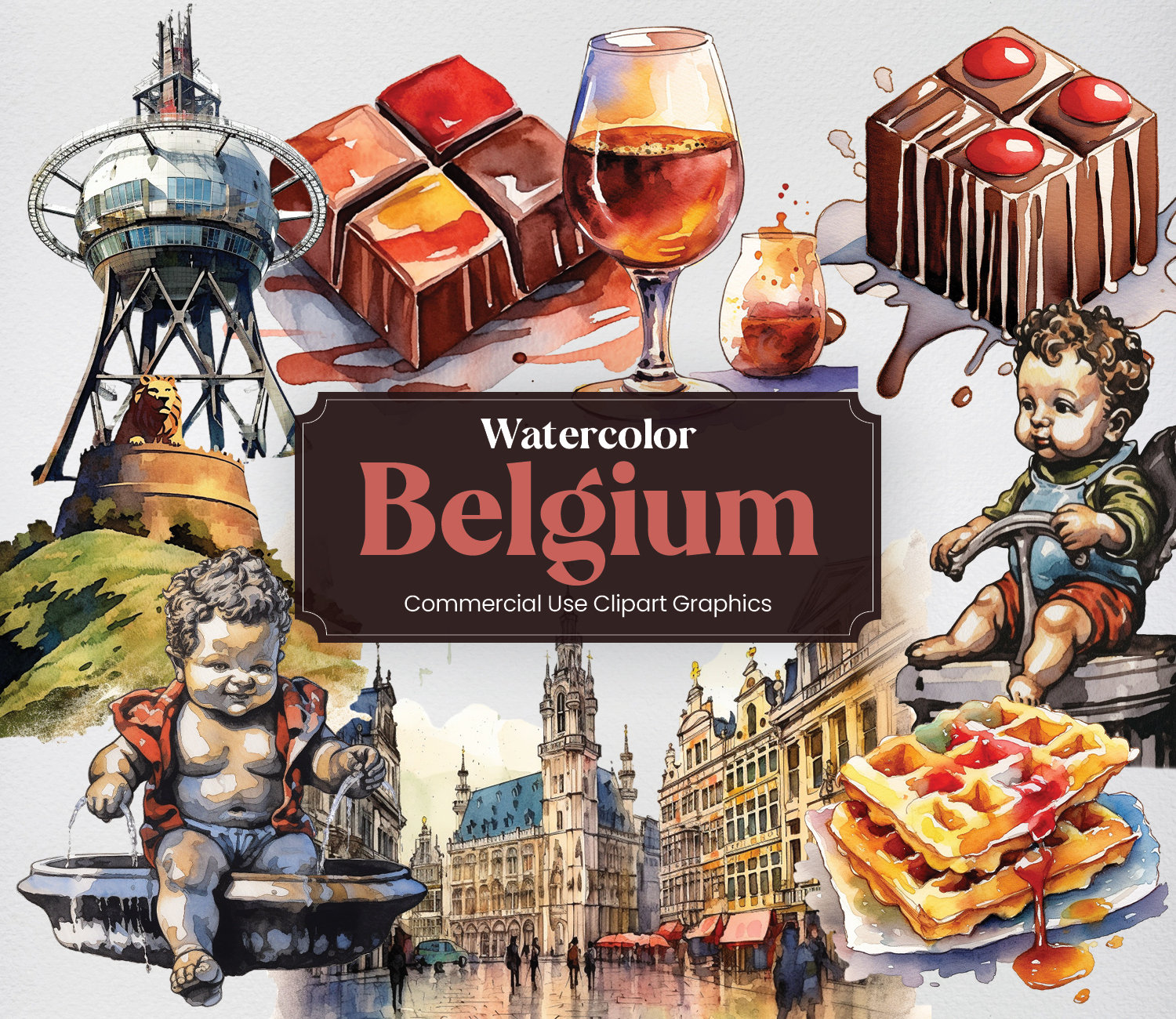 Watercolor Belgium, 33 Belgium Landmarks, Vacation Holiday Digital ...
