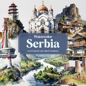 Watercolor Serbia, 49 Serbian Landmarks, Travel Vacation Holiday Digital Print, Clipart PNG format Transparent Background Commercial Use
