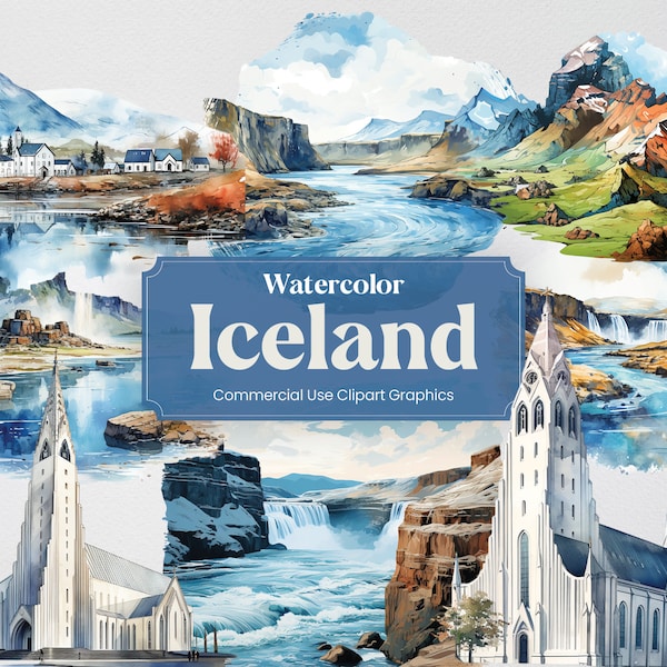 Watercolor Iceland, 26 Icelandic Landmarks, Travel Vacation Holiday Digital Print, Clipart PNG format Transparent Background Commercial Use