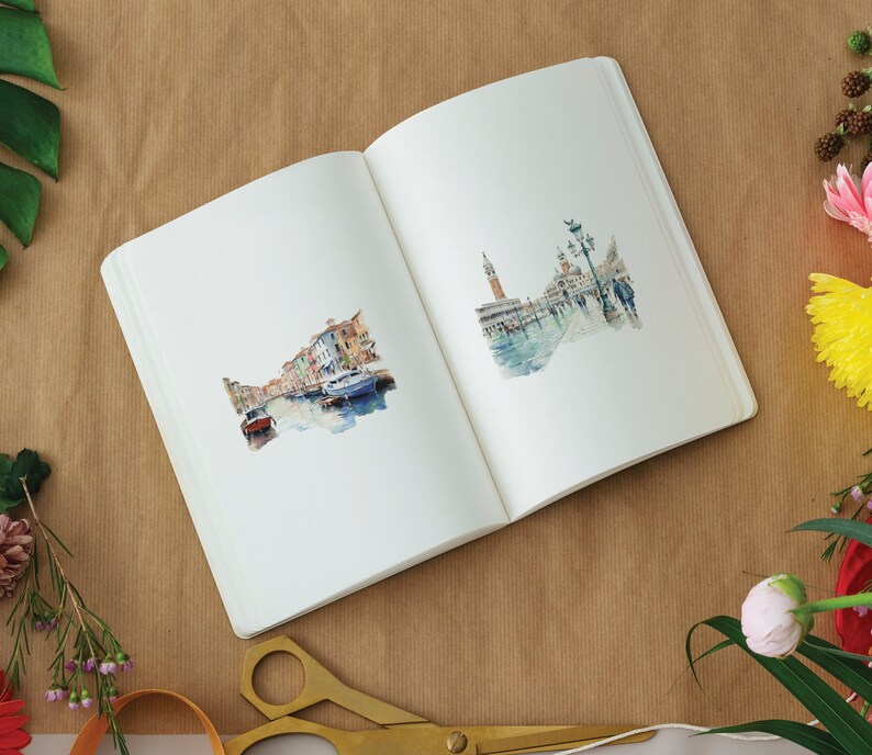 May include: An open sketchbook with two watercolor illustrations of Venice, Italy. The left page shows a canal with boats and buildings. The right page shows a street scene with a tall building and people walking.