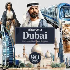 Aquarell Vereinigte Arabische Emirate, 90 Dubai Sehenswürdigkeiten Mega Pack, Reise Digitaldruck, Clipart PNG transparenten Hintergrund kommerzielle Nutzung