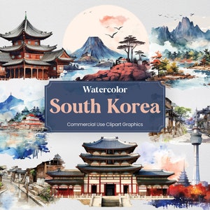 Watercolor South Korea, 23 South Korean Landmarks, Travel Holiday Digital Print, Clipart PNG format Transparent Background Commercial Use