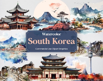 Watercolor South Korea, 23 South Korean Landmarks, Travel Holiday Digital Print, Clipart PNG format Transparent Background Commercial Use