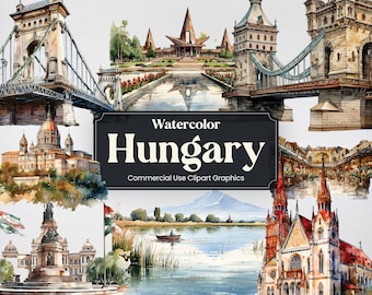 Watercolor Hungary, 41 Hungarian Landmarks, Travel Vacation Holiday Digital Print, Clipart PNG format Transparent Background Commercial Use