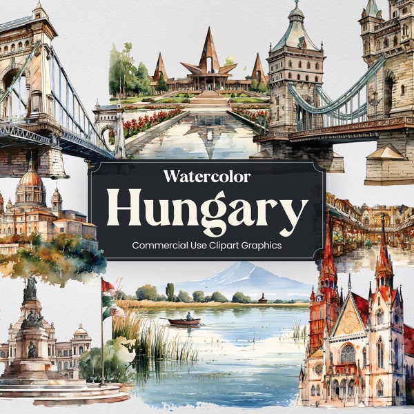 Watercolor Hungary, 41 Hungarian Landmarks, Travel Vacation Holiday Digital Print, Clipart PNG format Transparent Background Commercial Use