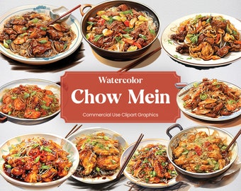 Aquarel Chow Mein, 28 Chinese keuken, eetcultuur culinair eten digitale print, clipart PNG transparante achtergrond commercieel gebruik