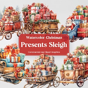 Traîneau de Noël aquarelle avec cadeaux, 8 festivités Clipart, impression numérique de l’Avent, Clipart PNG fond transparent utilisation commerciale