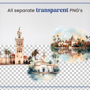 Pode incluir: Pintura em aquarela de tr&ecirc;s edif&iacute;cios com minaretes e c&uacute;pulas, cercados por palmeiras e refletindo em um corpo de &aacute;gua. Os edif&iacute;cios s&atilde;o pintados em tons de bege e branco, com acentos azuis. As palmeiras s&atilde;o verdes e a &aacute;gua &eacute; azul clara.