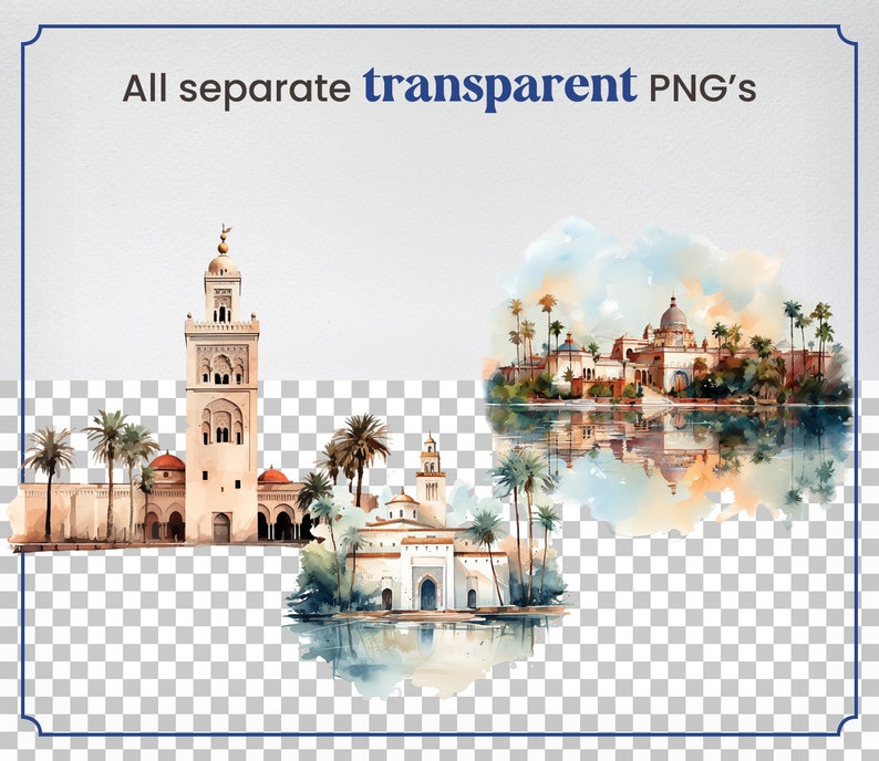 Pode incluir: Pintura em aquarela de tr&ecirc;s edif&iacute;cios com minaretes e c&uacute;pulas, cercados por palmeiras e refletindo em um corpo de &aacute;gua. Os edif&iacute;cios s&atilde;o pintados em tons de bege e branco, com acentos azuis. As palmeiras s&atilde;o verdes e a &aacute;gua &eacute; azul clara.