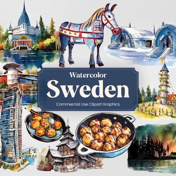 Watercolor Sweden, 34 Swedish Landmarks, Travel Vacation Holiday Digital Print, Clipart PNG format Transparent Background Commercial Use