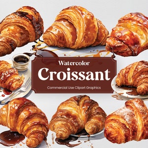 Watercolor Croissant, 12  French Cuisine Pastry Bakery Cafe Food Breakfast Digital Print, Clipart PNG Transparent Background Commercial Use