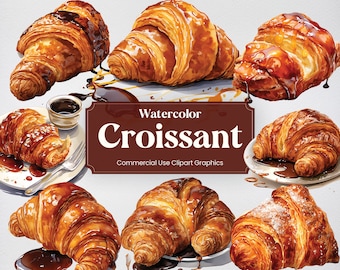 Puede incluir: Ilustración en acuarela de varios cruasanes dorados, algunos rociados con chocolate o sirope. La imagen incluye un plato con un cruasán y un pequeño cuenco de chocolate. El texto dice "Watercolor Croissant Commercial Use Clipart Graphics."