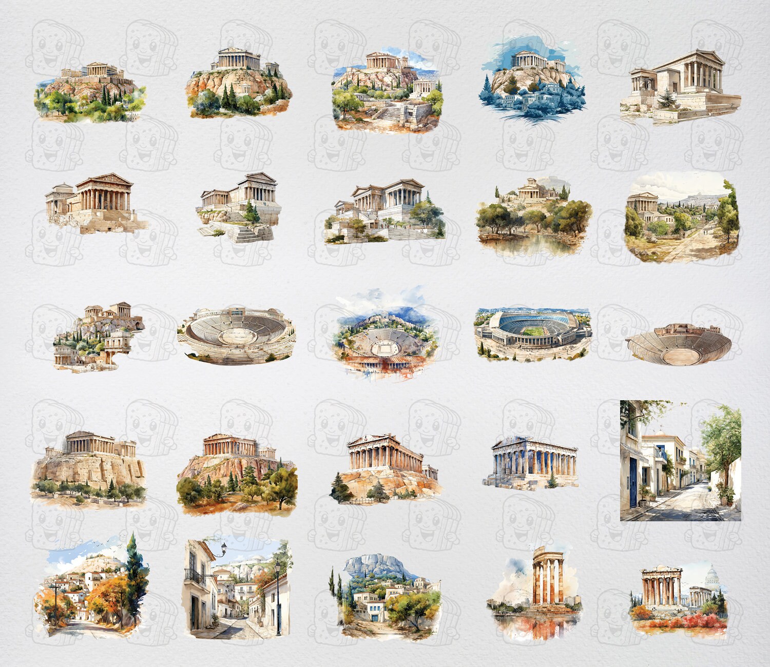 Watercolor Athens, 27 Athenian Hellenic Greece Landmarks, Travel ...