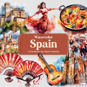 Aquarel Spanje, 31 Spaanse monumenten, reizen vakantie vakantie digitale print, clipart PNG-formaat transparante achtergrond commercieel gebruik