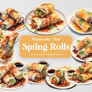 Puede incluir: Ilustraciones de acuarela de varios rollitos de primavera en platos. Los rollitos de primavera están rellenos de verduras y carne, y están cubiertos con una salsa dulce y salada. El texto "Watercolor Thai Spring Rolls" y "Commercial Use Clipart Graphics" se muestra en una pancarta amarilla.