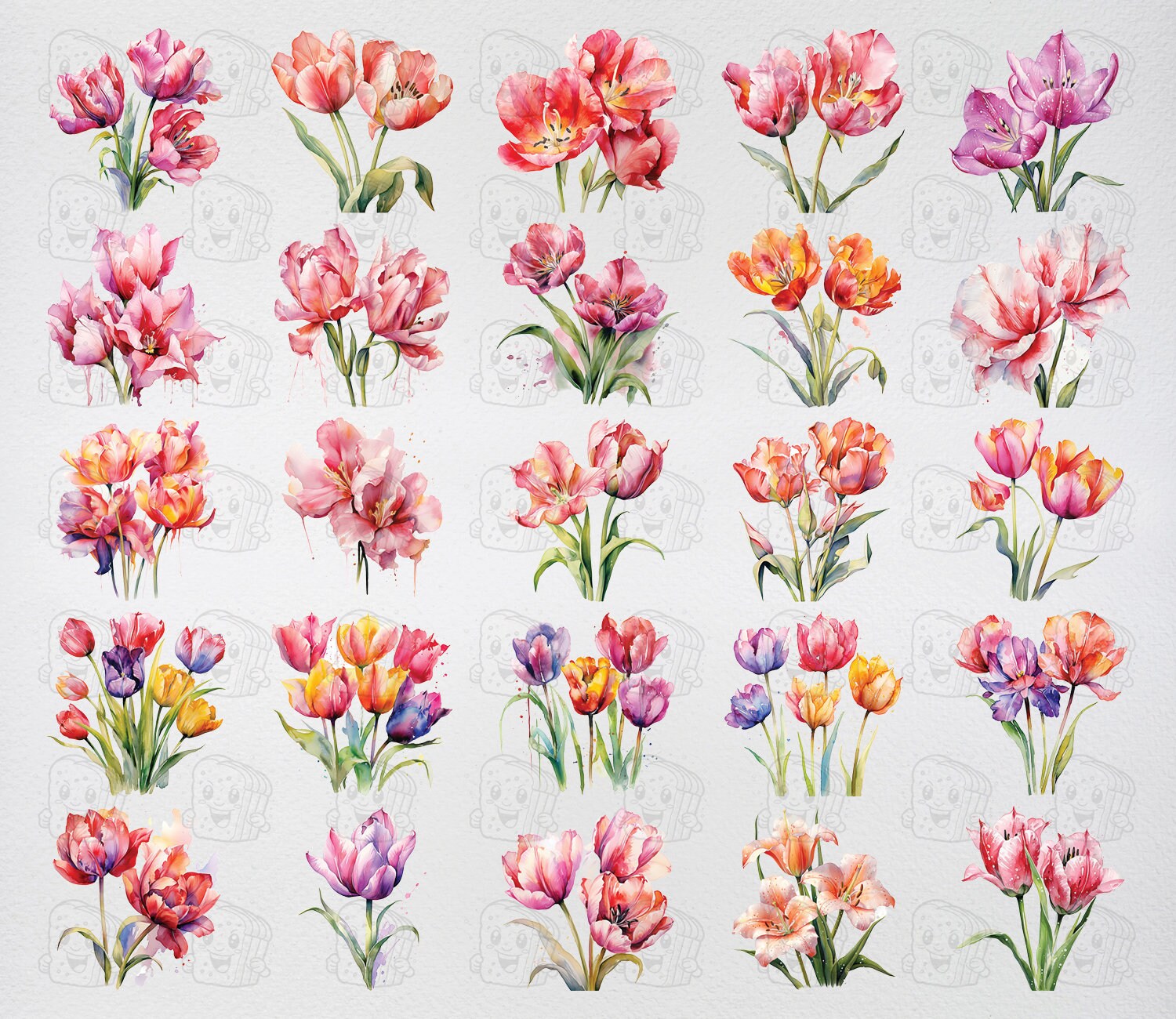 Watercolor Tulips, 28 Tulip Plants Flowers Spring Floral Bouquet Flora ...
