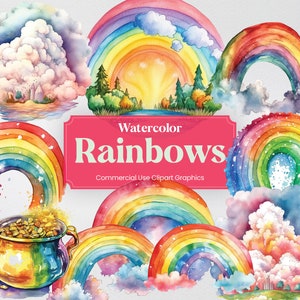 Watercolor Rainbows, 32 Rainbows and Clouds Clipart, Pot of Gold Digital Prints, PNG format Transparent Background Commercial Use