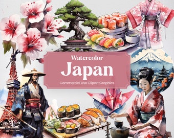 Watercolor Japan, 42 Japanese Landmarks, Travel Vacation Holiday Digital Print, Clipart PNG format Transparent Background Commercial Use