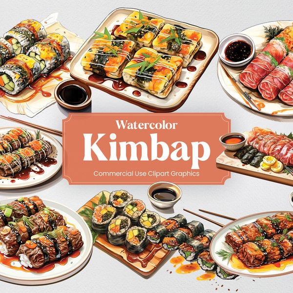 Watercolor Kimbap, 28 South Korean Cuisine, Food Culture Culinary Eating Digital Print, Clipart PNG Transparent Background Commercial Use