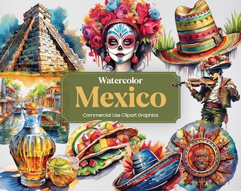 Watercolor Mexico, 39 Mexican Landmarks, Travel Vacation Holiday Digital Print, Clipart PNG format Transparent Background Commercial Use