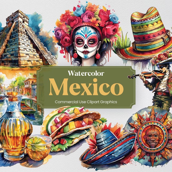 Watercolor Mexico, 39 Mexican Landmarks, Travel Vacation Holiday Digital Print, Clipart PNG format Transparent Background Commercial Use