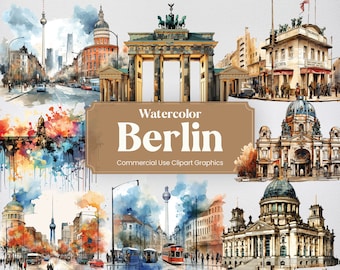 May include: Watercolor illustrations of various landmarks in Berlin, Germany. The illustrations include the Brandenburg Gate, the Reichstag Building, and the Berlin Cathedral. The illustrations are in a watercolor style and are perfect for use in scrapbooking, card making, or other craft projects.  Commercial Use Clipart Graphics.