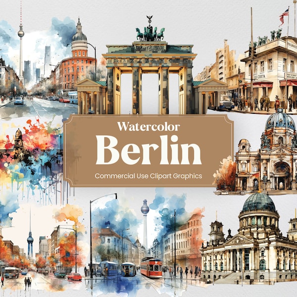 Acuarela Berlín, 30 monumentos berlineses de Alemania, vacaciones de viaje impresión digital, imágenes prediseñadas PNG fondo transparente uso comercial