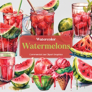 Aquarell Wassermelone, 26 Wassermelonen Obst Clipart, Pflanzen und Bäume Digitaldrucke, PNG format transparenter Hintergrund für kommerzielle Nutzung