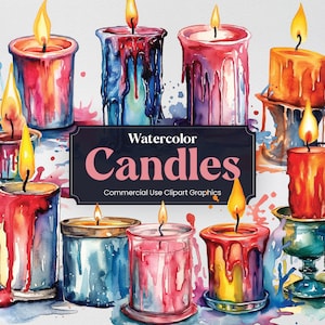 Watercolor Candle, 40 Melting Wax Candles Clipart, Fragrant Lit Candles Digital Prints, PNG format Transparent Background Commercial Use