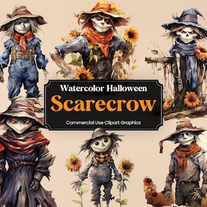 Watercolor Halloween Scarecrow, 6 Spooky Clipart, Scary H&#39;ween Digital Print, Clipart PNG Transparent Background Commercial Use