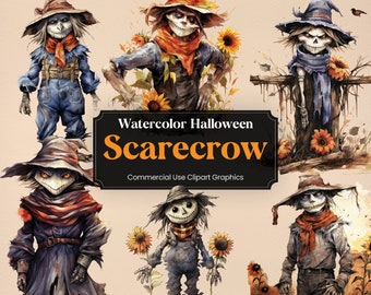 Watercolor Halloween Scarecrow, 6 Spooky Clipart, Scary H'ween Digital Print, Clipart PNG Transparent Background Commercial Use