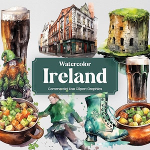 Aquarela Irlanda, 29 marcos irlandeses, viagem, férias, férias, impressão digital, clipart formato PNG, fundo transparente, uso comercial