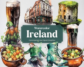 May include: Watercolor illustrations of Irish culture, including a leprechaun, a pint of beer, a traditional Irish stew, a boot, and a building. The text "Watercolor Ireland Commercial Use Clipart Graphics" is displayed on a green sign.