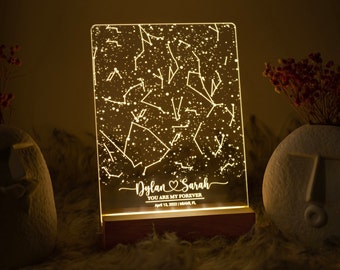 Mappa stellare personalizzata per data, Luce notturna mappa stellare, Mappa costellazione personalizzata, Cielo notturno reale per data e posizione, Regalo di fidanzamento personalizzato