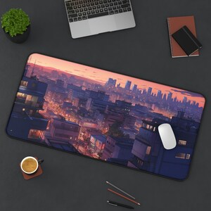 Anime, Cityscape, vibrant colors, large deskmat mouse pad.
