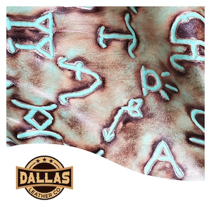 Embossed Leather Cuts | Mini Brands Turquoise Plated | Pre-Cut Sheets Select Size | DLCo | Cowhide Embossed | Leather Cuts | Leather Sheets