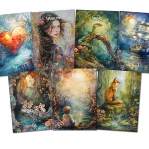 Può includere: Sette carte dei tarocchi con illustrazioni ad acquerello. Le carte presentano immagini di un cuore, una donna, un serpente, una nave, topi, un bambino e una volpe. Ogni carta ha un titolo e un numero.