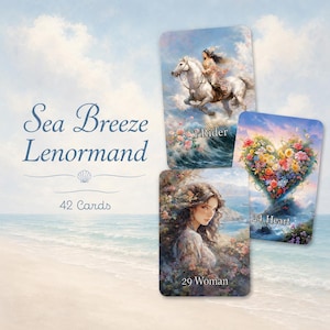 以下が含まれることがあります： 42枚のSea Breeze Lenormandカードデッキ。白い馬に乗った人物の「1 Rider」、色とりどりの花で構成された「24 Heart」、人物が描かれた「29 Woman」の3枚が、ビーチと空を背景に表示されています。