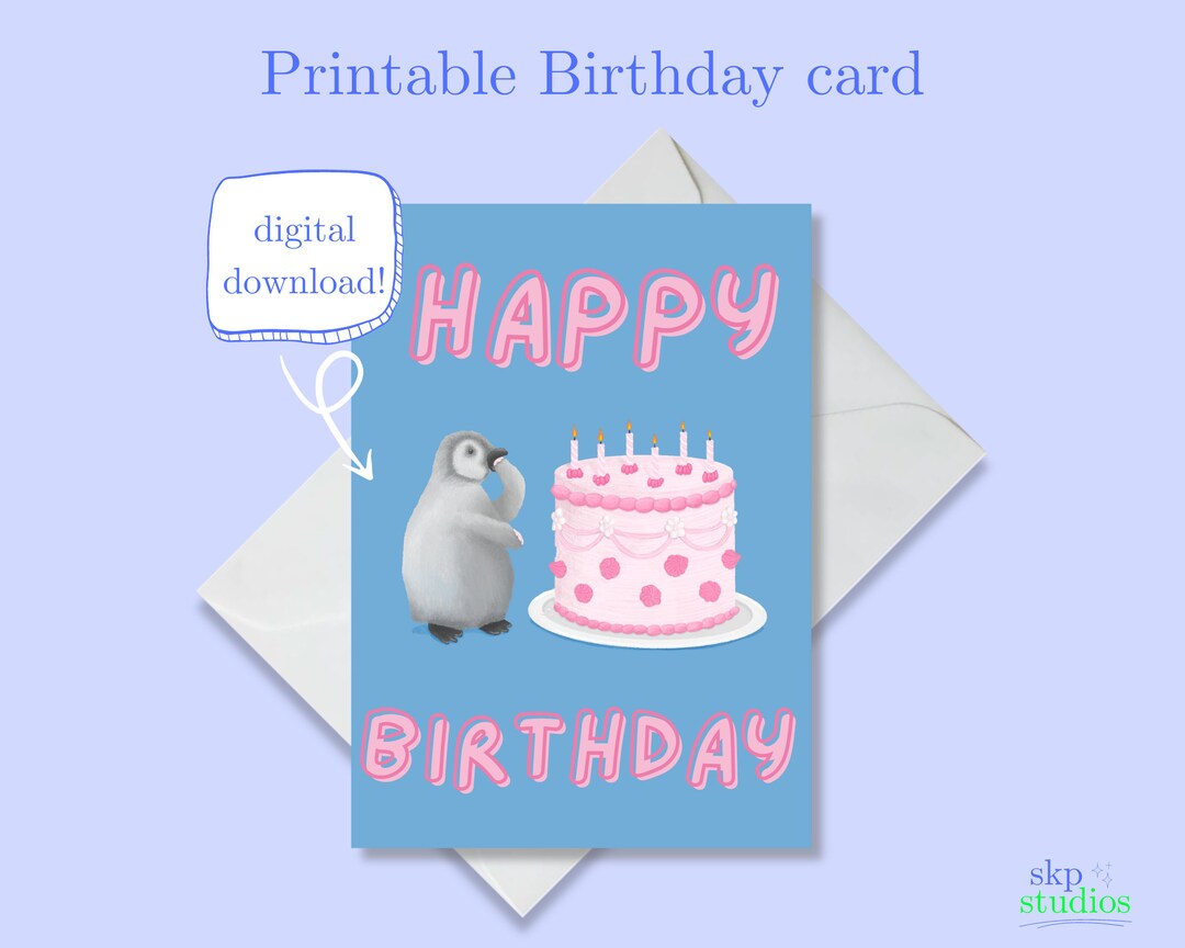 Penguin Birthday Printable Card, Digital Download Greeting Card, Blank ...