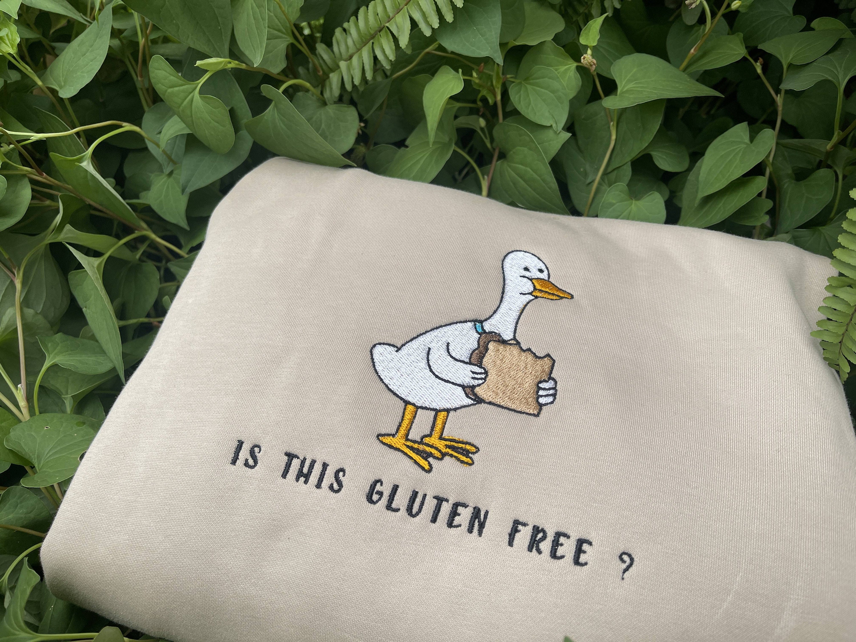 Discover Is This Gluten Free? Embroidered Sweatshirt, Cute Duck Crewneck, Funny Gluten Free Shirt, Embroidered Shirt EH054