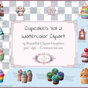 Clipart de cupcakes - Pasteles dulces de acuarela, pasteles, golosinas, descarga instantánea - Paquete de gráficos PNG - Uso comercial