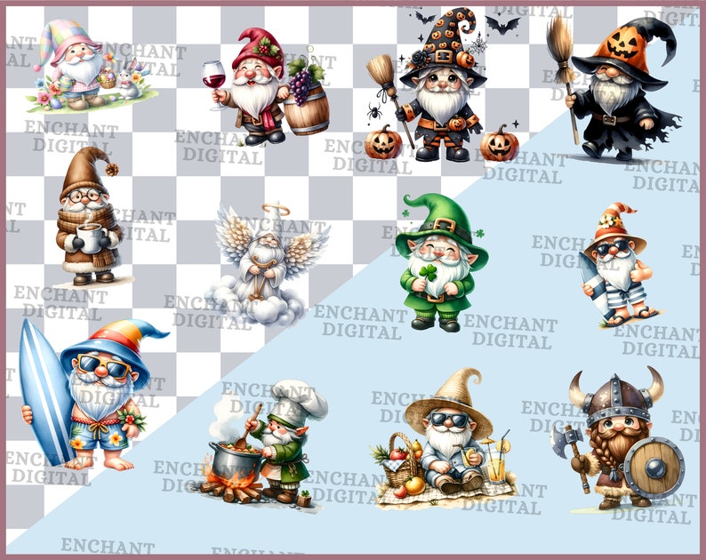 Divertente clipart Gnome - Esilarante download immediato di clipart acquerello Gnome da giardino - Pacchetto grafica PNG - Uso commerciale immagine 2