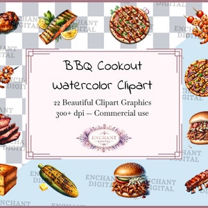May include: A set of 22 watercolor clipart graphics featuring various BBQ foods, including ribs, corn on the cob, pizza, burgers, and shrimp skewers. The graphics are perfect for creating invitations, party decorations, or other projects.