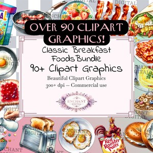 Classic Breakfast Foods Clipart Bundle - 90+ Watercolor Toast Eggs Cereal Bacon Omelette instant download - PNG graphics - Commercial Use