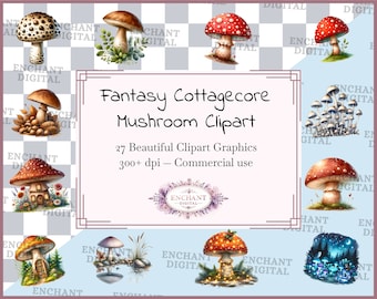 Clipart Fantasy Mushrooms - Acquerello Cottagecore Mushroom Cozy Magic Vibes clipart download immediato - Pacchetto grafica PNG - Uso commerciale