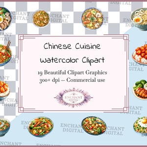 Clipart de culinária chinesa - Aquarela bolinhos asiáticos macarrão wok clipart download instantâneo - Pacote de gráficos PNG - Uso comercial